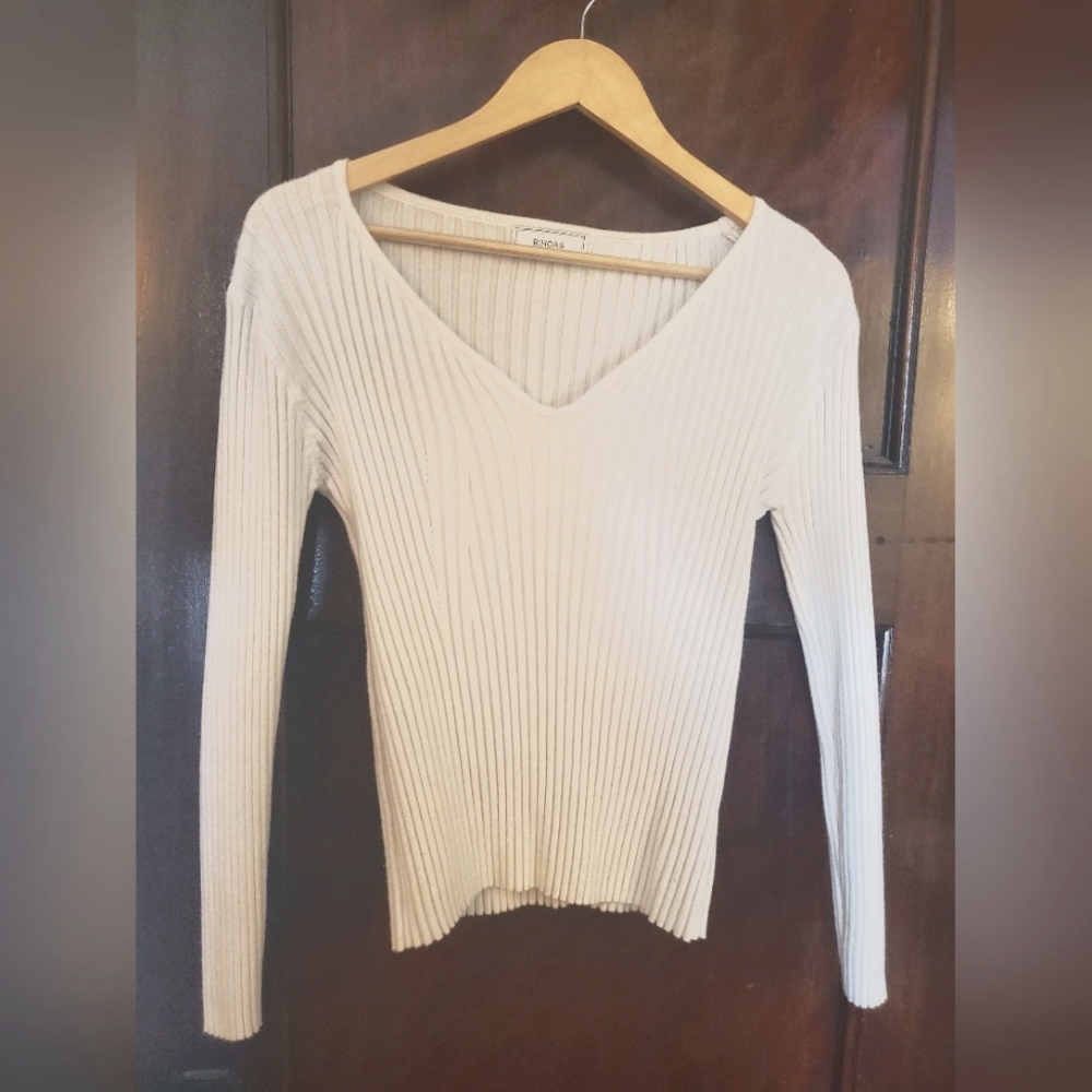 Long-shelved top/sweater - Cream/white, Large